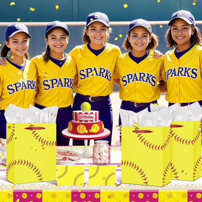Softball Gift Bag with Tissue Paper and Greeting Card Yellow Softball Theme Birthday Gift Wrapping Bag Decorations for Girls Women Sport Birthday Party Favors Goodie Treat Gifts Wrap Bag Team Supplies