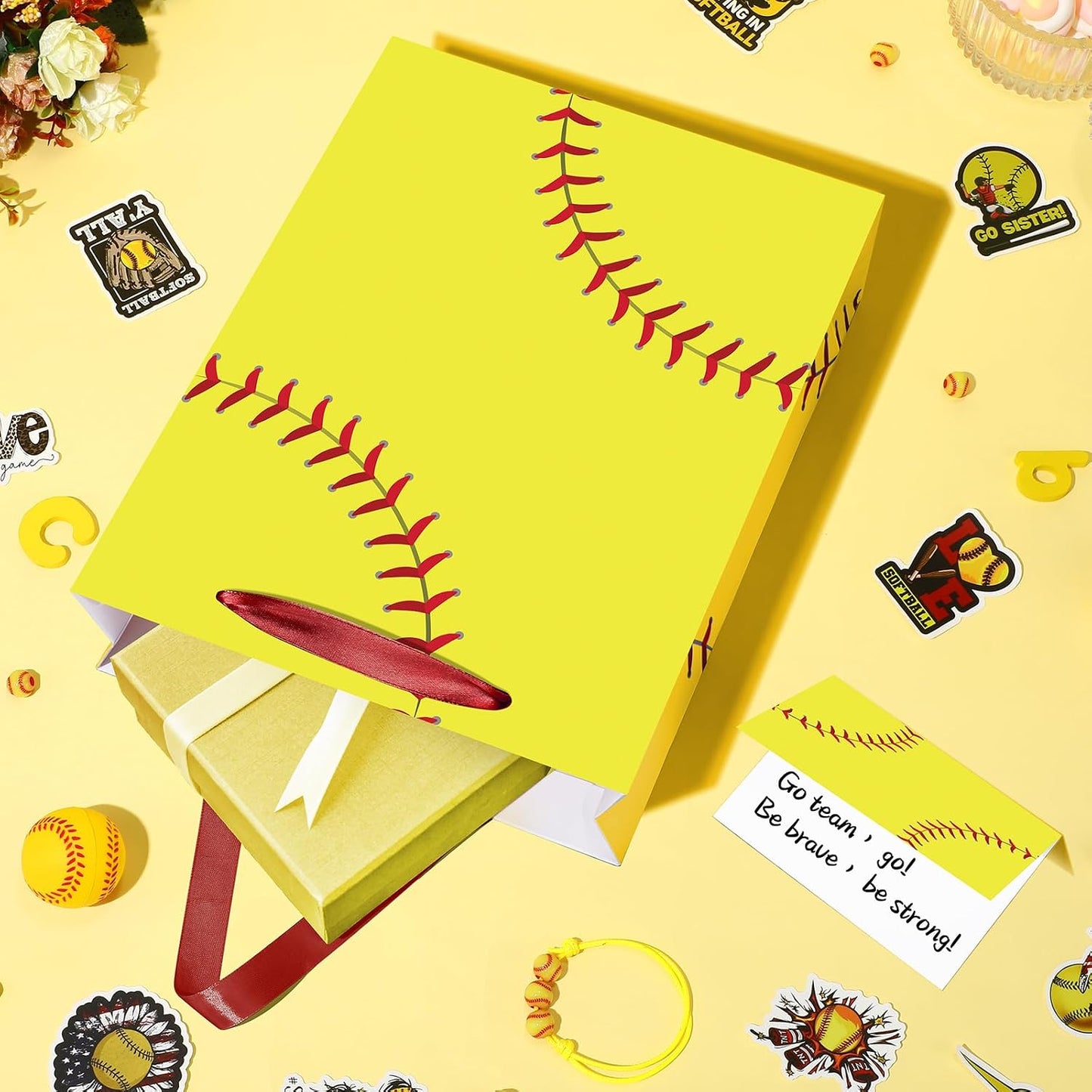 Softball Gift Bag with Tissue Paper and Greeting Card Yellow Softball Theme Birthday Gift Wrapping Bag Decorations for Girls Women Sport Birthday Party Favors Goodie Treat Gifts Wrap Bag Team Supplies