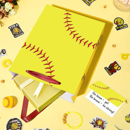 Softball Gift Bag with Tissue Paper and Greeting Card Yellow Softball Theme Birthday Gift Wrapping Bag Decorations for Girls Women Sport Birthday Party Favors Goodie Treat Gifts Wrap Bag Team Supplies