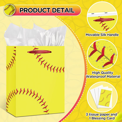 Softball Gift Bag with Tissue Paper and Greeting Card Yellow Softball Theme Birthday Gift Wrapping Bag Decorations for Girls Women Sport Birthday Party Favors Goodie Treat Gifts Wrap Bag Team Supplies