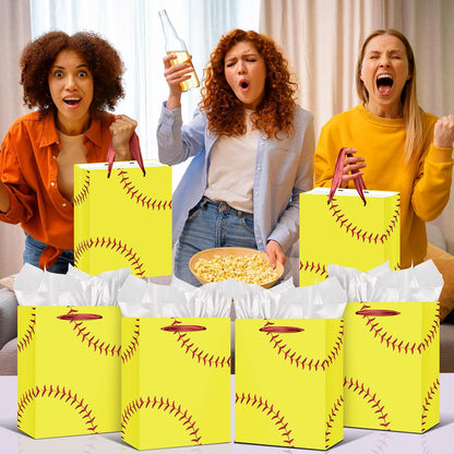 Softball Gift Bag with Tissue Paper and Greeting Card Yellow Softball Theme Birthday Gift Wrapping Bag Decorations for Girls Women Sport Birthday Party Favors Goodie Treat Gifts Wrap Bag Team Supplies