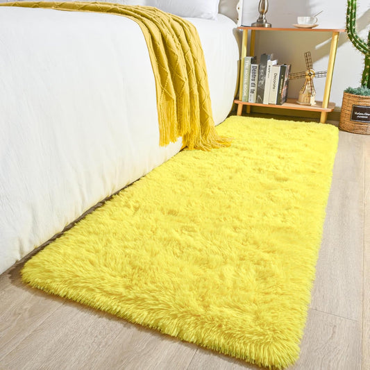 Runner Rugs for Bedroom Girls Room, 2x6 Fluffy Bedside Kids Room Rug Shag Cute Indoor Baby Rugs Fuzzy Modern Area Carpet for Teen Kid Girl Child Nursery Living Room Dorm Decor Yellow
