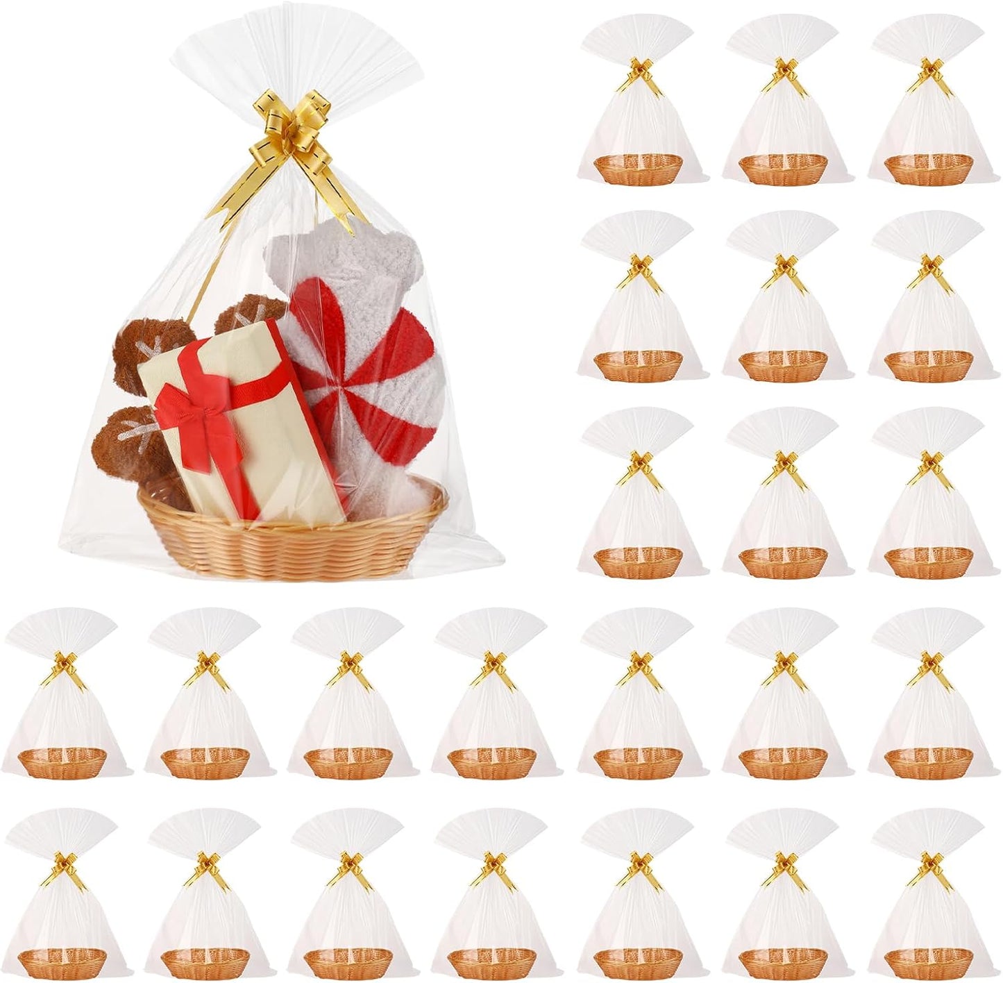 24 Pack Baskets for Gifts Empty Bulk 9 x 6.5 x 2.48 Inch Empty Gift Basket Kit with Bags and Ribbons DIY Tray to Fill for Thanksgiving Wedding Bridal Shower Christmas Party