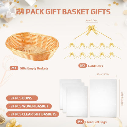 24 Pack Baskets for Gifts Empty Bulk 9 x 6.5 x 2.48 Inch Empty Gift Basket Kit with Bags and Ribbons DIY Tray to Fill for Thanksgiving Wedding Bridal Shower Christmas Party