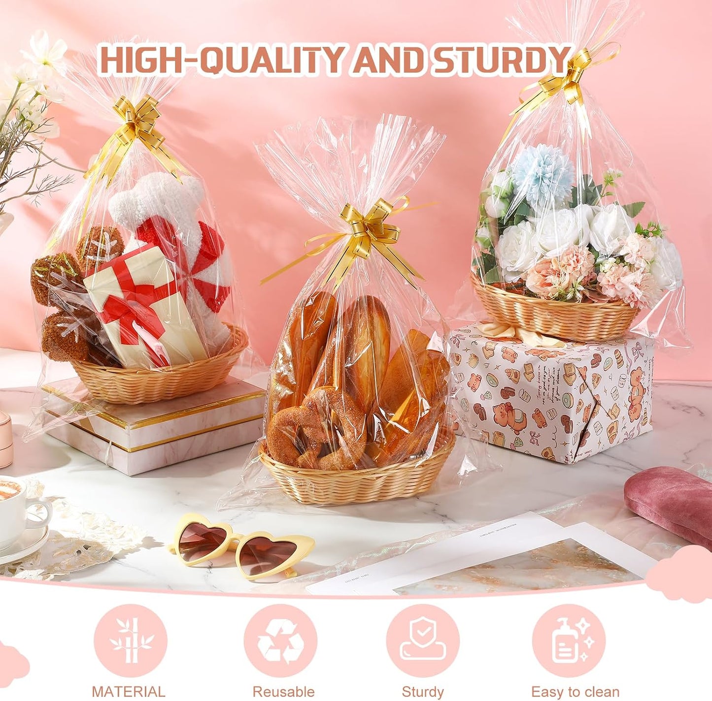24 Pack Baskets for Gifts Empty Bulk 9 x 6.5 x 2.48 Inch Empty Gift Basket Kit with Bags and Ribbons DIY Tray to Fill for Thanksgiving Wedding Bridal Shower Christmas Party