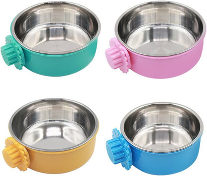 Pet Feeder Dog Bowl Stainless Steel Food Hanging Bowl Crates Cages Dog Parrot Bird Pet Drink Water Bowl Dish Accessory (L: 6''x2.2'', Pink)