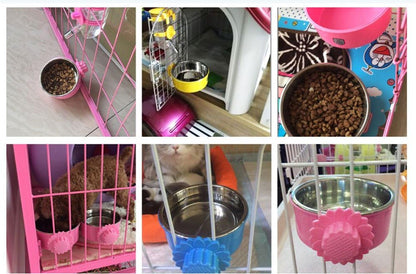 Pet Feeder Dog Bowl Stainless Steel Food Hanging Bowl Crates Cages Dog Parrot Bird Pet Drink Water Bowl Dish Accessory (L: 6''x2.2'', Pink)