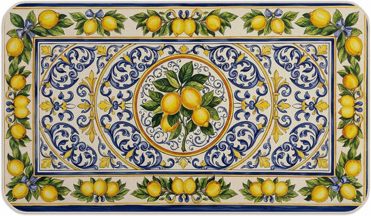 Vintage Mediterranean Lemon Door Mat, Blue and Yellow Baroque Floral Fruit Doormat Non-Slip for Porch Indoor Front Door Outside Entrance Entryway, Summer Lemon Welcome Mat, 17x30 Inch