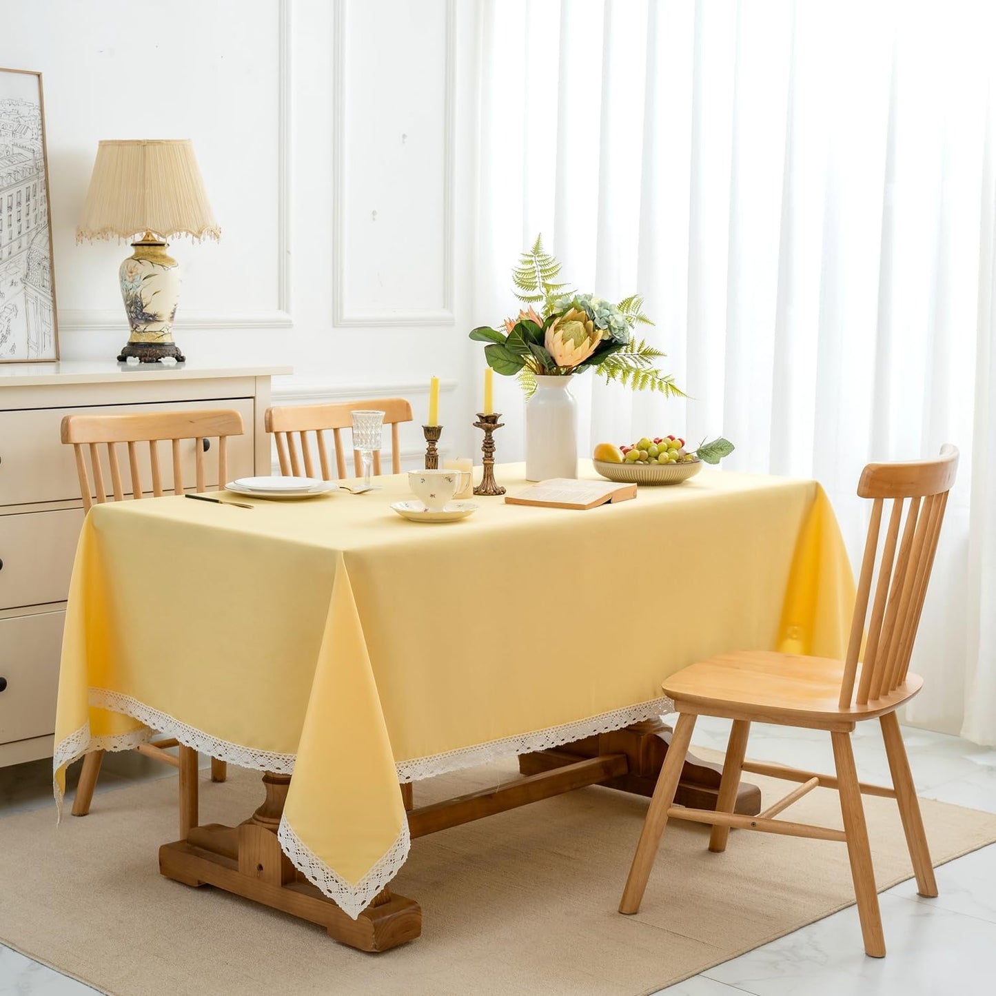Faux Linen Tablecloth with Lace Trim - Waterproof/Spill Proof/Stain Resistant/Wrinkle Free/Oil Proof - for Banquet, Parties,Dinner,Kitchen,Wedding,Holiday,Yellow, Rectangle 52x70Inch