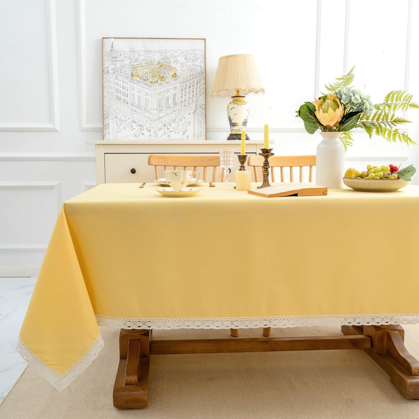 Faux Linen Tablecloth with Lace Trim - Waterproof/Spill Proof/Stain Resistant/Wrinkle Free/Oil Proof - for Banquet, Parties,Dinner,Kitchen,Wedding,Holiday,Yellow, Rectangle 52x70Inch