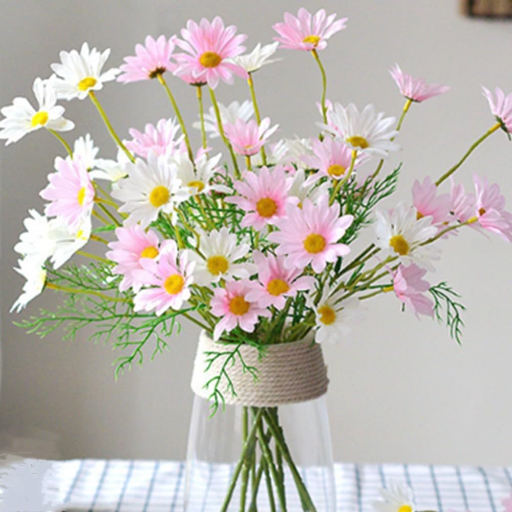 Artificial Flowers 10 Bundles Artificial Silk Daisy Fake Flowers UV Resistant Outdoor Fake Wildflowers with Stems Greenery Shrubs Plants Arrangements for Home Garden for Decoration (White and Yellow)