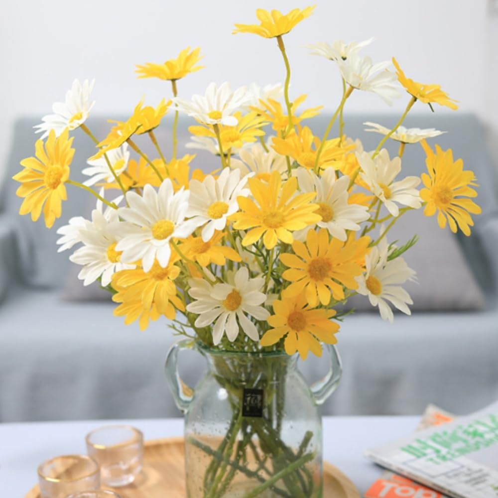 Artificial Flowers 10 Bundles Artificial Silk Daisy Fake Flowers UV Resistant Outdoor Fake Wildflowers with Stems Greenery Shrubs Plants Arrangements for Home Garden for Decoration (White and Yellow)