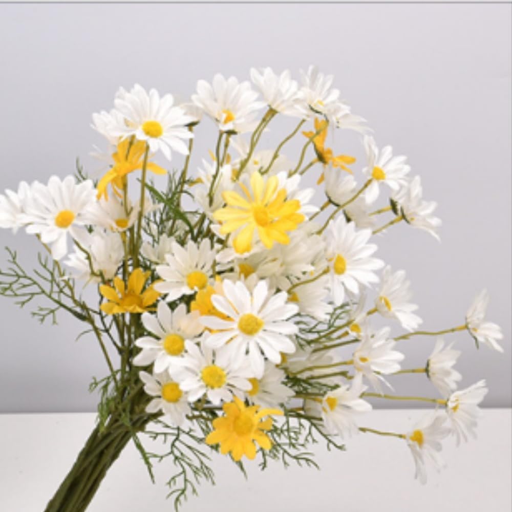 Artificial Flowers 10 Bundles Artificial Silk Daisy Fake Flowers UV Resistant Outdoor Fake Wildflowers with Stems Greenery Shrubs Plants Arrangements for Home Garden for Decoration (White and Yellow)