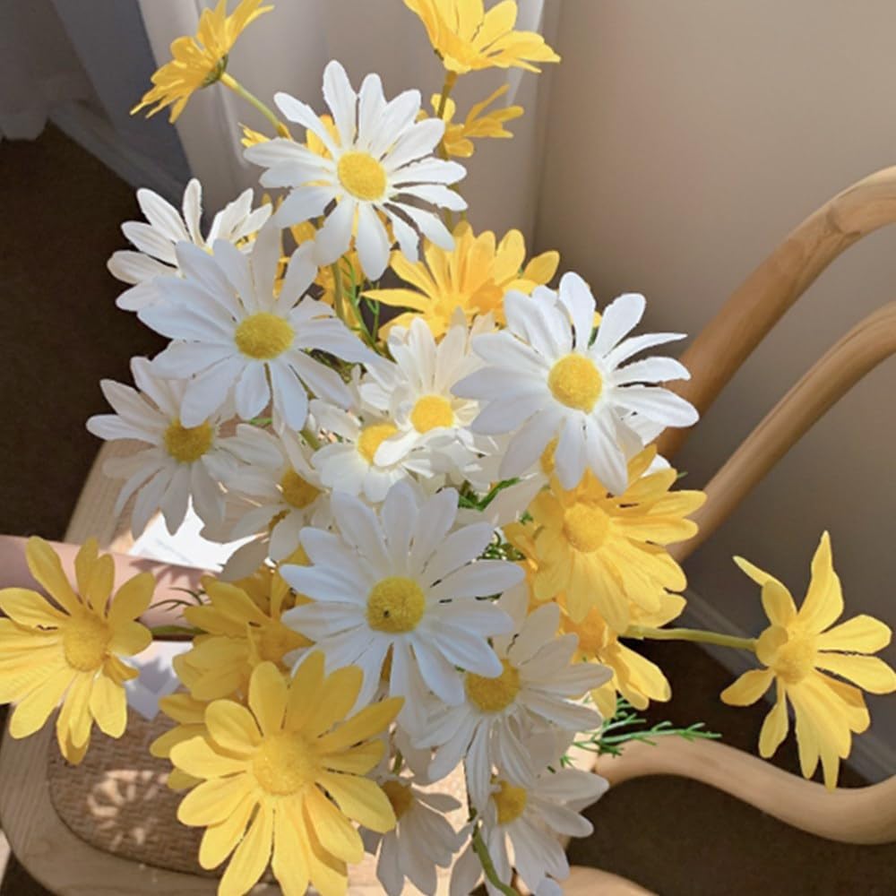 Artificial Flowers 10 Bundles Artificial Silk Daisy Fake Flowers UV Resistant Outdoor Fake Wildflowers with Stems Greenery Shrubs Plants Arrangements for Home Garden for Decoration (White and Yellow)