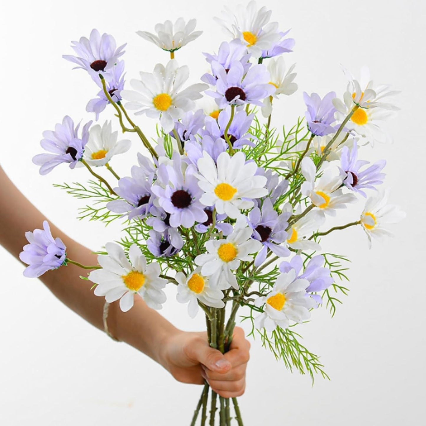 Artificial Flowers 10 Bundles Artificial Silk Daisy Fake Flowers UV Resistant Outdoor Fake Wildflowers with Stems Greenery Shrubs Plants Arrangements for Home Garden for Decoration (White and Yellow)