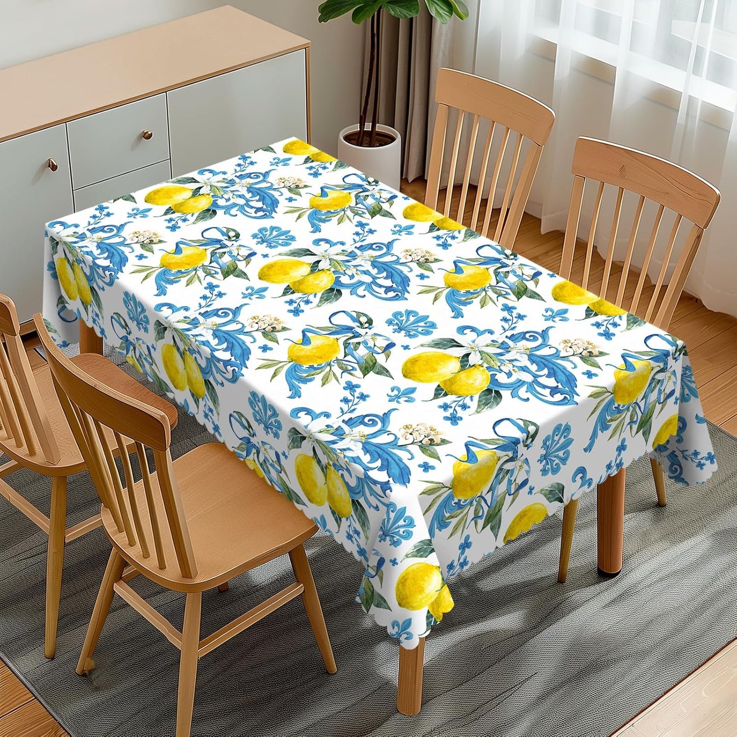 Lemon Pattern Rectangular Tablecloth, Lemons 54x72 Inch Wavy Lace Border Polyester Table Cloth for Dining, Kitchen, Parties