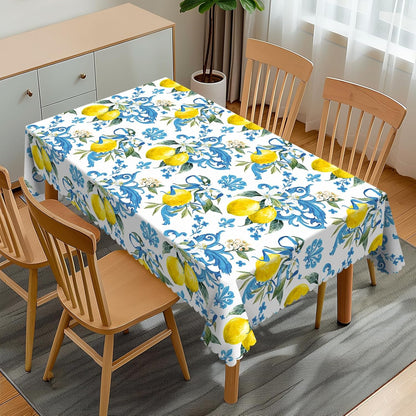 Lemon Pattern Rectangular Tablecloth, Lemons 54x72 Inch Wavy Lace Border Polyester Table Cloth for Dining, Kitchen, Parties