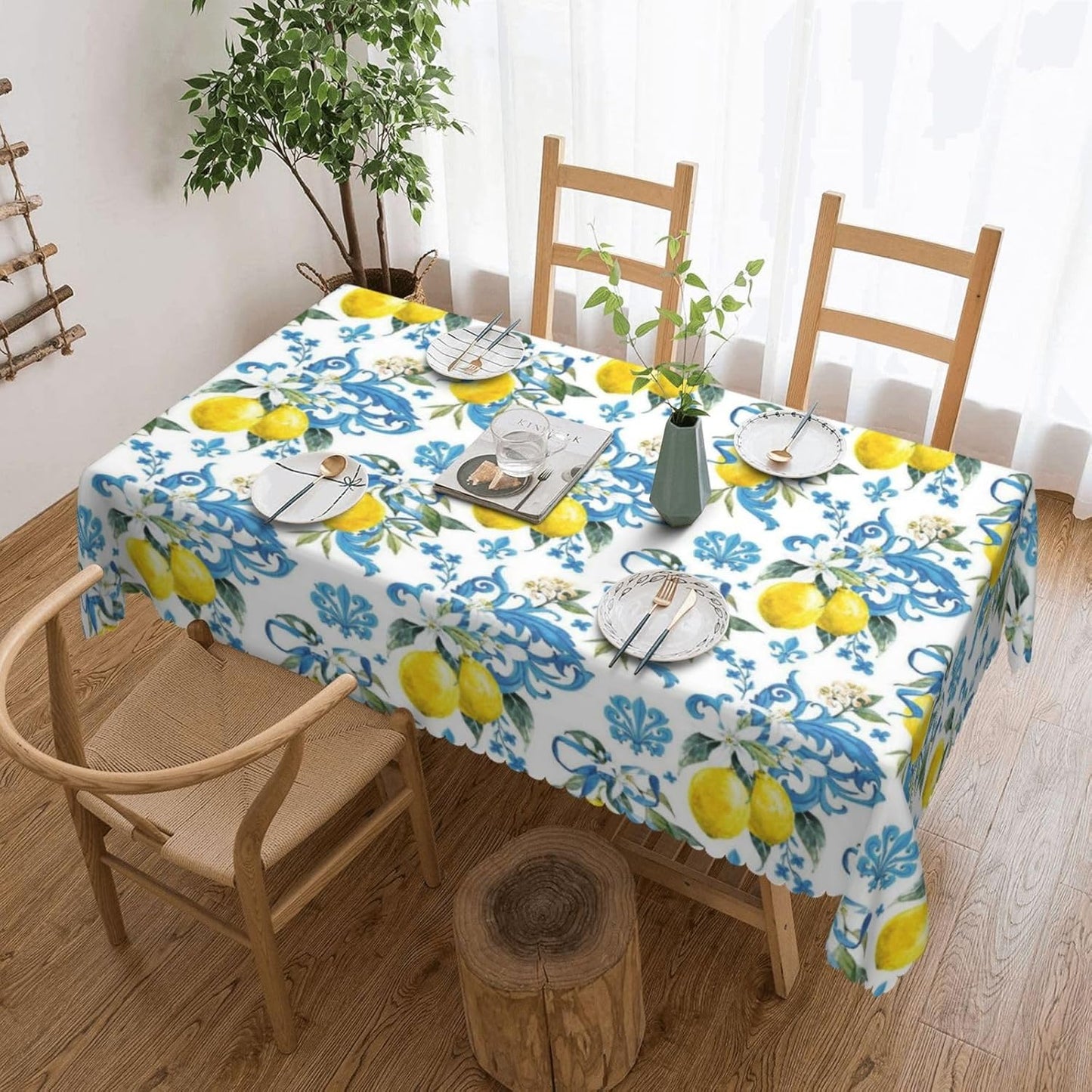 Lemon Pattern Rectangular Tablecloth, Lemons 54x72 Inch Wavy Lace Border Polyester Table Cloth for Dining, Kitchen, Parties