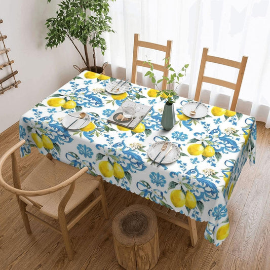 Lemon Pattern Rectangular Tablecloth, Lemons 54x72 Inch Wavy Lace Border Polyester Table Cloth for Dining, Kitchen, Parties