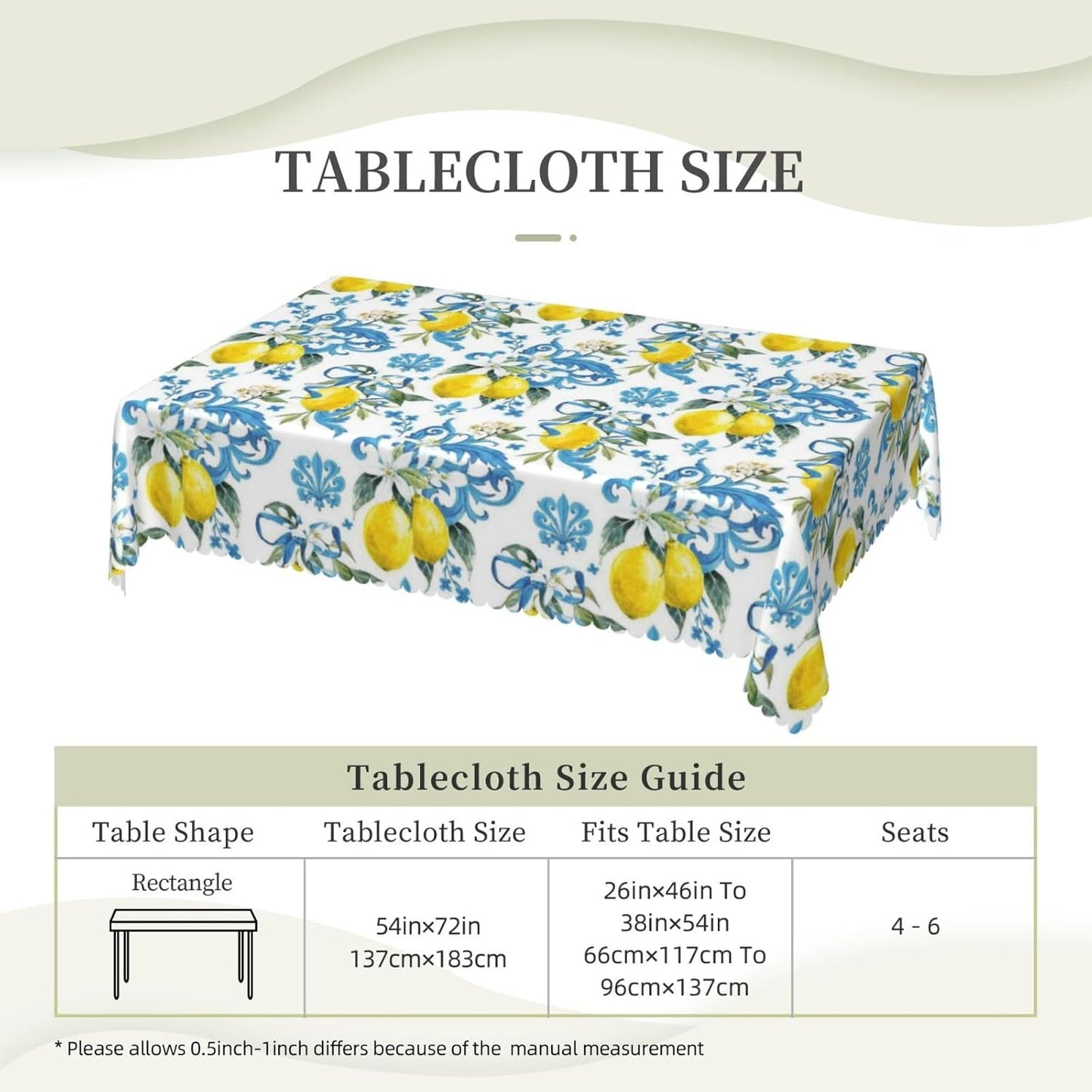 Lemon Pattern Rectangular Tablecloth, Lemons 54x72 Inch Wavy Lace Border Polyester Table Cloth for Dining, Kitchen, Parties