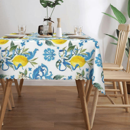 Lemon Pattern Rectangular Tablecloth, Lemons 54x72 Inch Wavy Lace Border Polyester Table Cloth for Dining, Kitchen, Parties