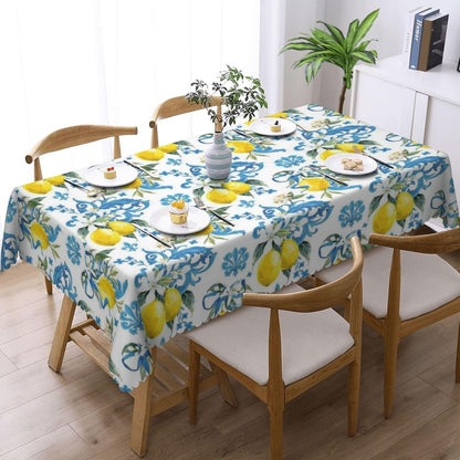 Lemon Pattern Rectangular Tablecloth, Lemons 54x72 Inch Wavy Lace Border Polyester Table Cloth for Dining, Kitchen, Parties
