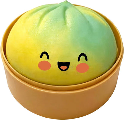 Cute Glitter Bao Bun Squishys Stress Toy, Slow Rising Squeeze Fidget Ball with Mini Steamer Basket, Kawaiii Food Shaped Sensory Relief Toy for Kids Party Favor Desk Decor Gift Yellow