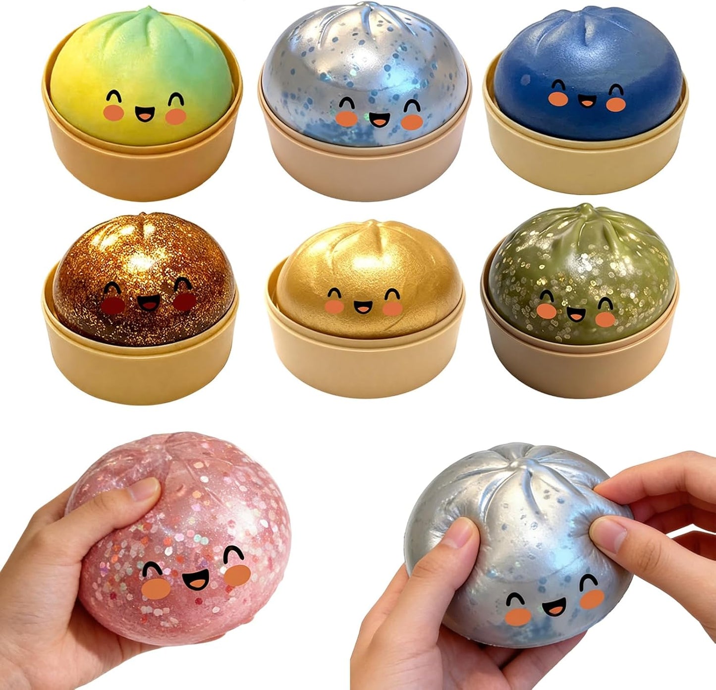 Cute Glitter Bao Bun Squishys Stress Toy, Slow Rising Squeeze Fidget Ball with Mini Steamer Basket, Kawaiii Food Shaped Sensory Relief Toy for Kids Party Favor Desk Decor Gift Yellow
