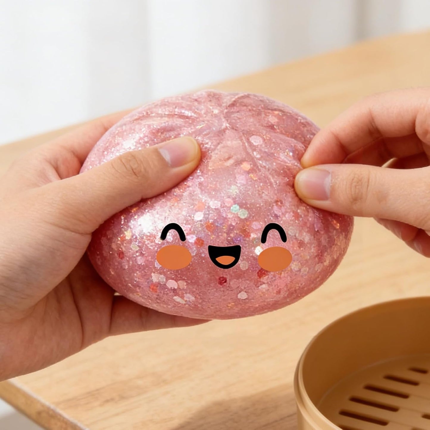 Cute Glitter Bao Bun Squishys Stress Toy, Slow Rising Squeeze Fidget Ball with Mini Steamer Basket, Kawaiii Food Shaped Sensory Relief Toy for Kids Party Favor Desk Decor Gift Yellow