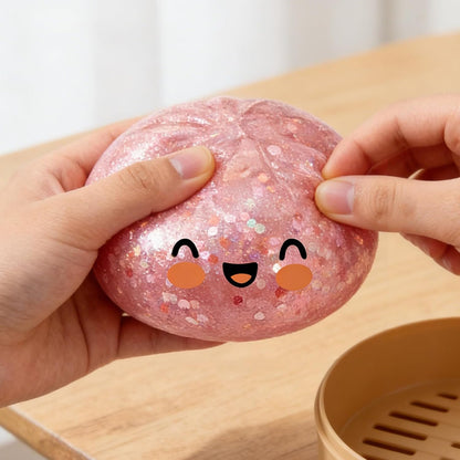 Cute Glitter Bao Bun Squishys Stress Toy, Slow Rising Squeeze Fidget Ball with Mini Steamer Basket, Kawaiii Food Shaped Sensory Relief Toy for Kids Party Favor Desk Decor Gift Yellow
