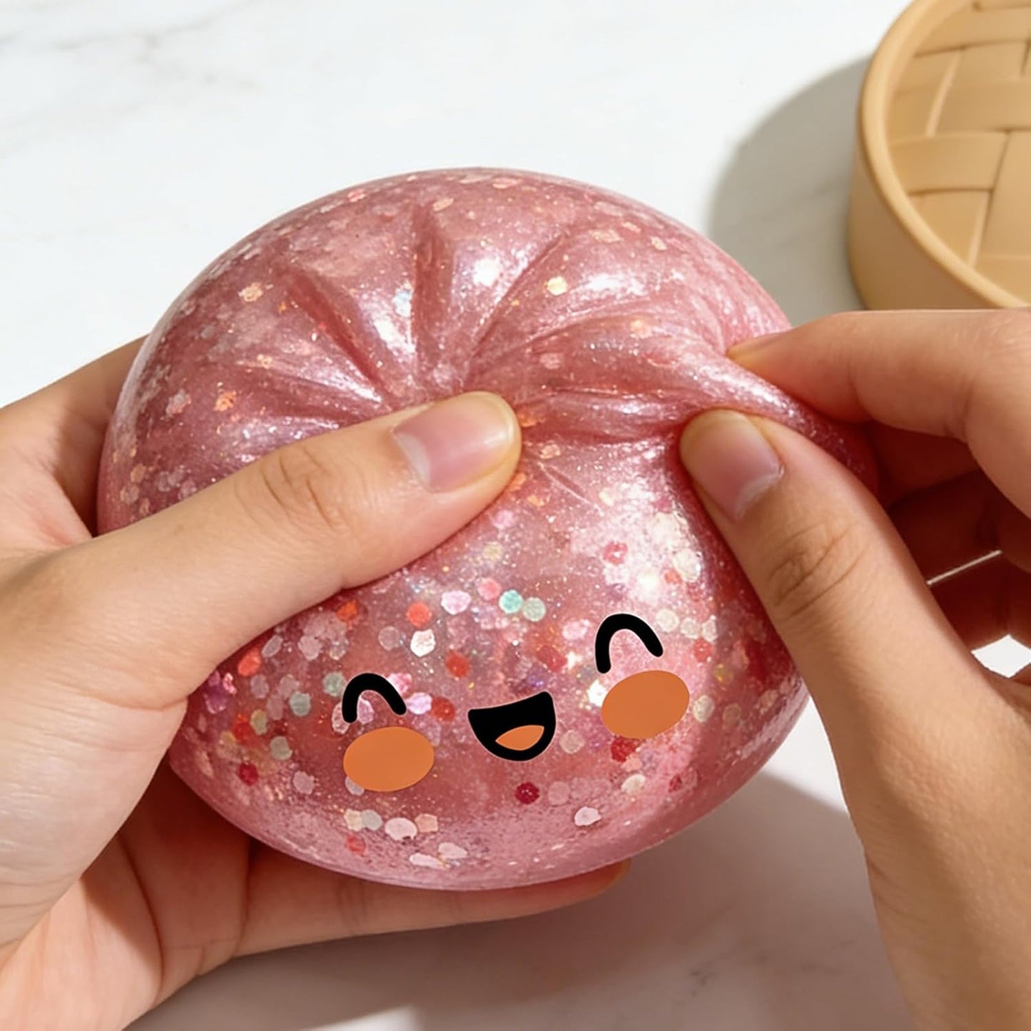 Cute Glitter Bao Bun Squishys Stress Toy, Slow Rising Squeeze Fidget Ball with Mini Steamer Basket, Kawaiii Food Shaped Sensory Relief Toy for Kids Party Favor Desk Decor Gift Yellow