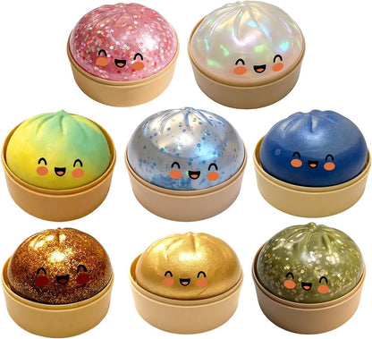 Cute Glitter Bao Bun Squishys Stress Toy, Slow Rising Squeeze Fidget Ball with Mini Steamer Basket, Kawaiii Food Shaped Sensory Relief Toy for Kids Party Favor Desk Decor Gift Yellow
