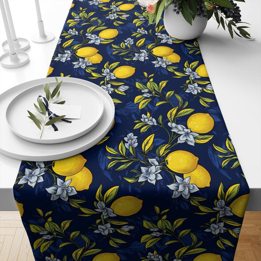 Vintage Lemon Kitchen Table Runner, Fresh Fruit Simple Fashion Table Runner for Dinning Party Holiday Home Indoor Outdoor Supply Navy Blue 13x60 Inch