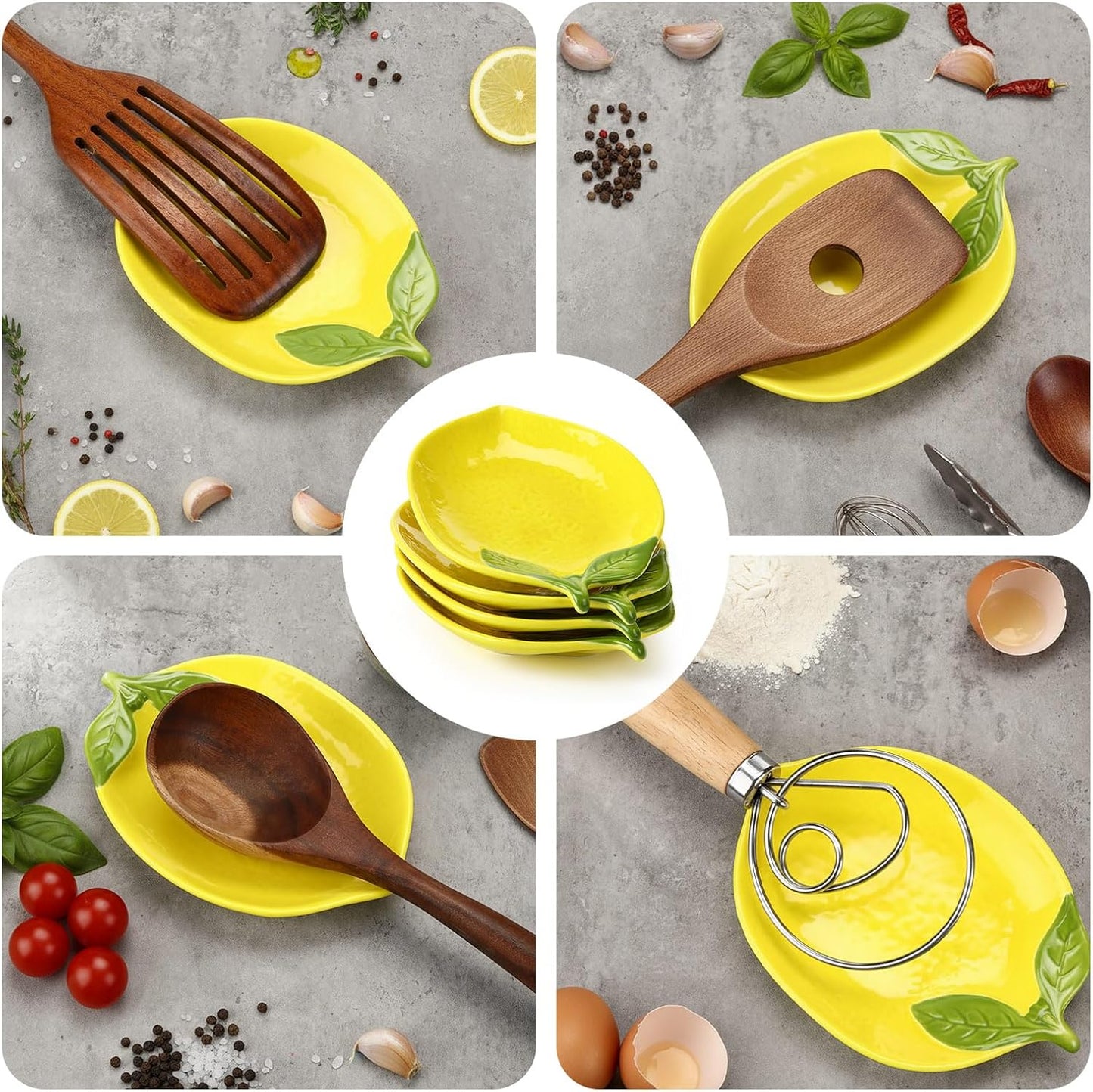 4 Pack Lemon Ceramic Spoon Rest for Stove Top & Kitchen Counter Yellow Utensil Spoon Holder Decoration Gift for Women Housewarming Gift Lemon Decor and Accessories