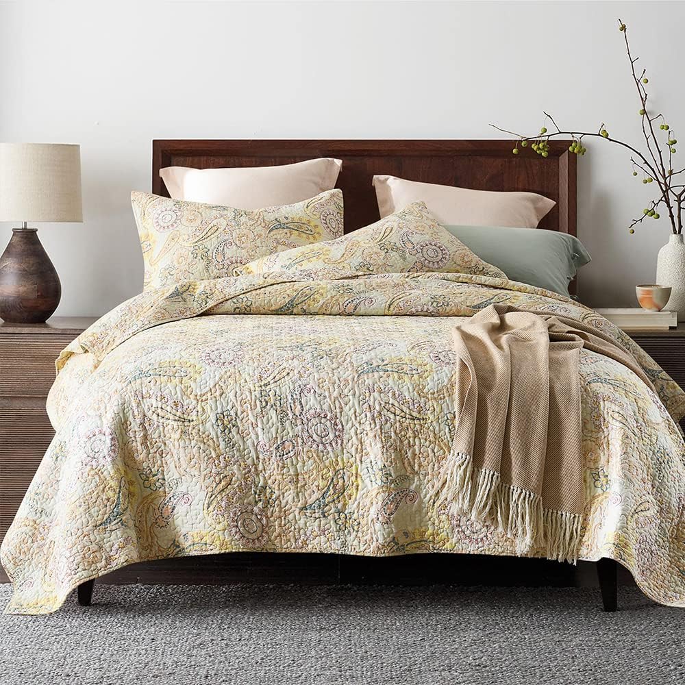 Cotton Bedspread Quilt Sets, Reversible Bedding Coverlet Sets Comforter, Floral Paisley Bedspread (Yellow, Queen Size)