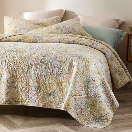 Cotton Bedspread Quilt Sets, Reversible Bedding Coverlet Sets Comforter, Floral Paisley Bedspread (Yellow, Queen Size)