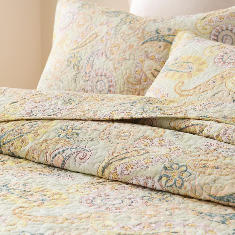 Cotton Bedspread Quilt Sets, Reversible Bedding Coverlet Sets Comforter, Floral Paisley Bedspread (Yellow, Queen Size)