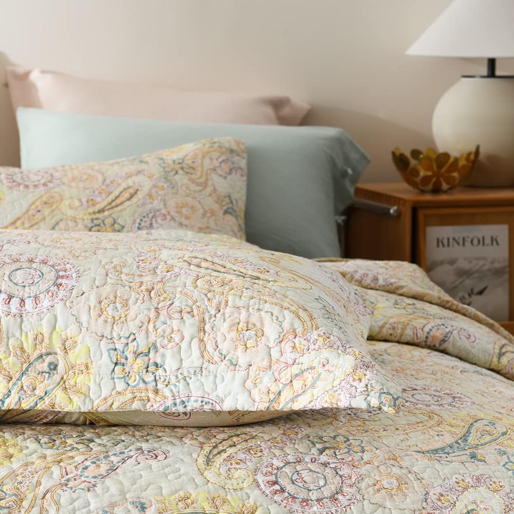 Cotton Bedspread Quilt Sets, Reversible Bedding Coverlet Sets Comforter, Floral Paisley Bedspread (Yellow, Queen Size)