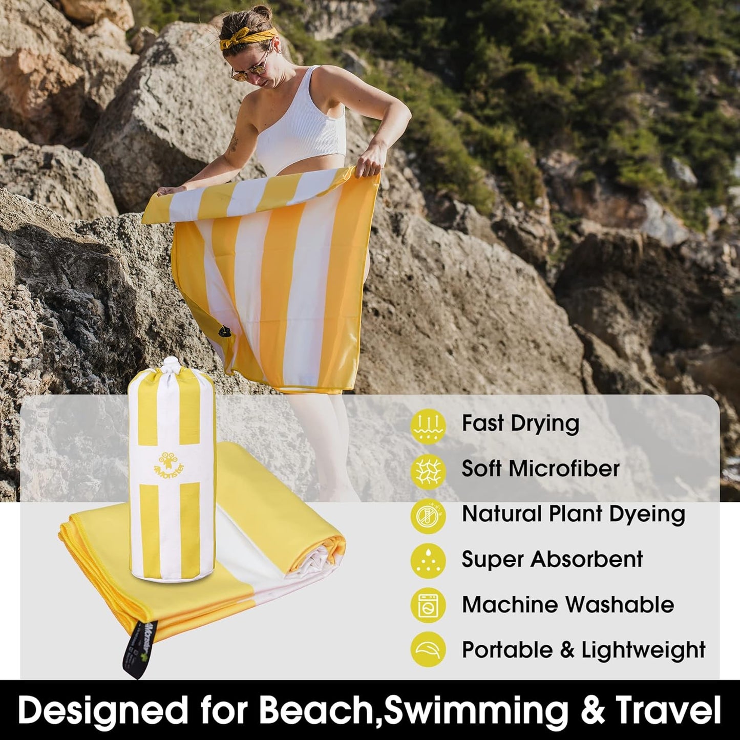 Quick Dry Beach Towel, Ultra Absorbent Microfiber Travel Towel, Lightweight & Compact for Beach, Swimming, Camping, Pool, Water Sports & Yoga