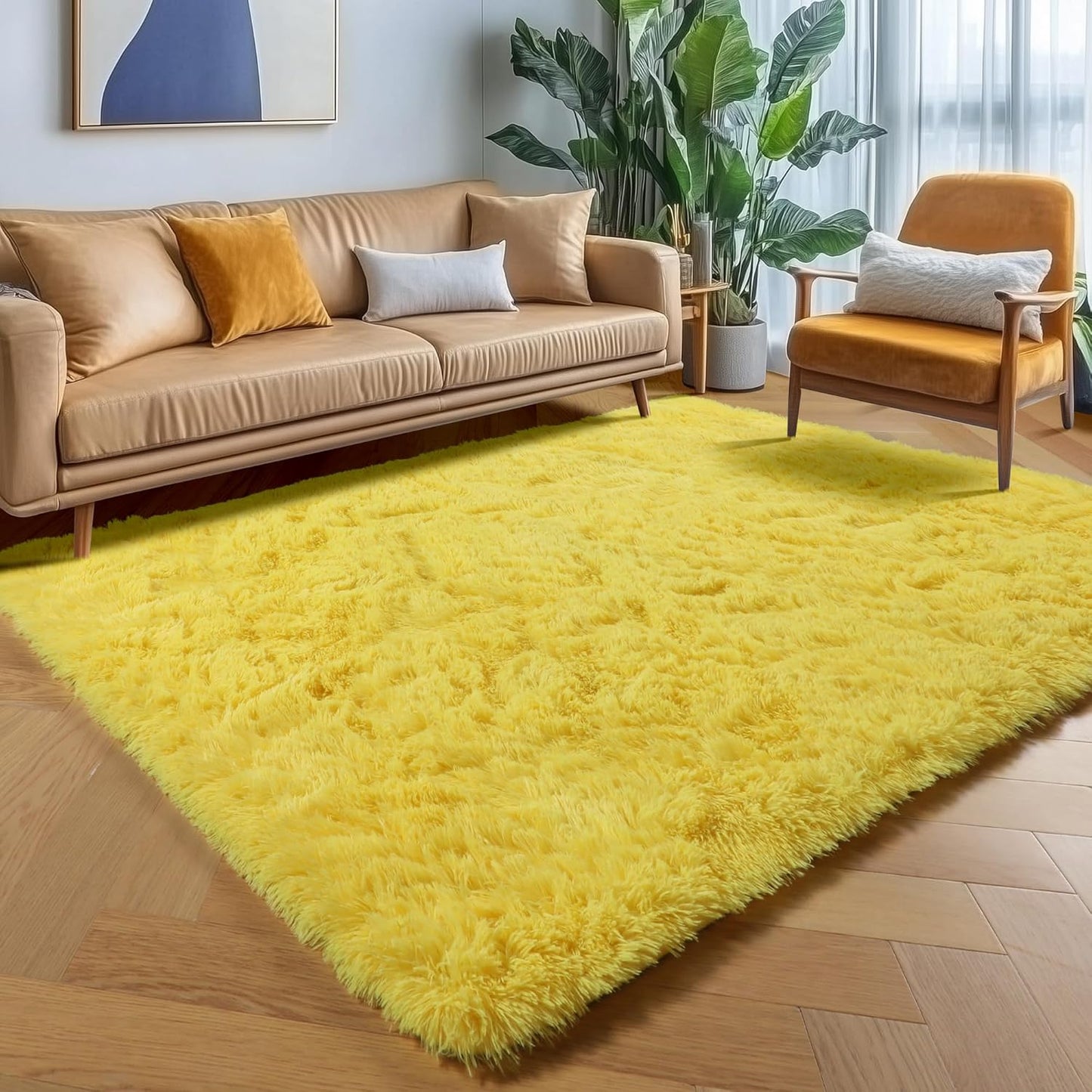 Yellow Area Rugs for Bedroom Living Room, Fluffy 4x6 Indoor Bedside Floor Throw Rug, Soft Plush Shaggy Carpet for Nursery Kids Girls Boys Teen Dorm Home Office Decor Aesthetic