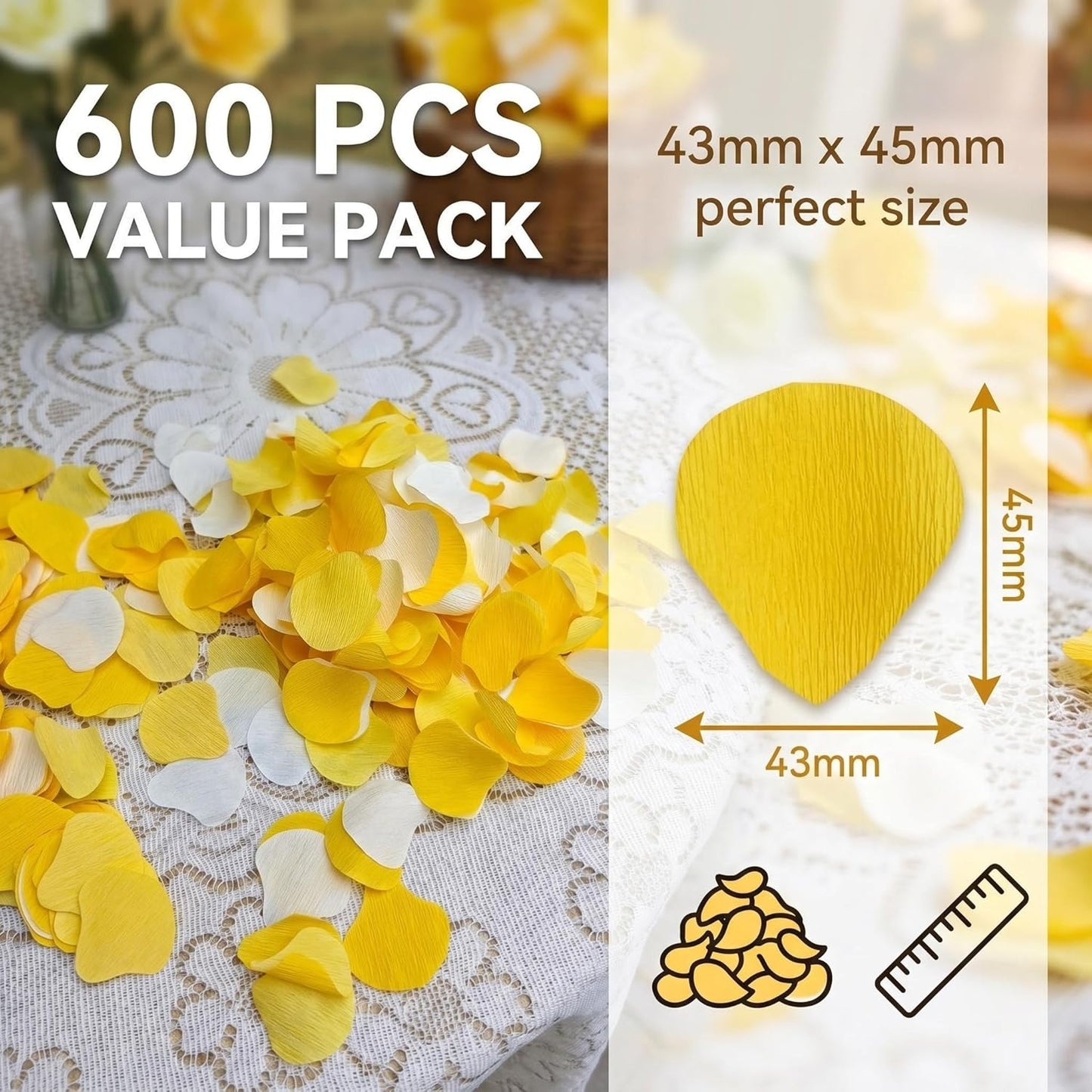 600 PCS Crepe Paper Rose Flower Petals for Wedding Flower Girl to Throw Petals for Romantic Night Centerpieces Baby Shower Valentine's Day Decor (yellows)