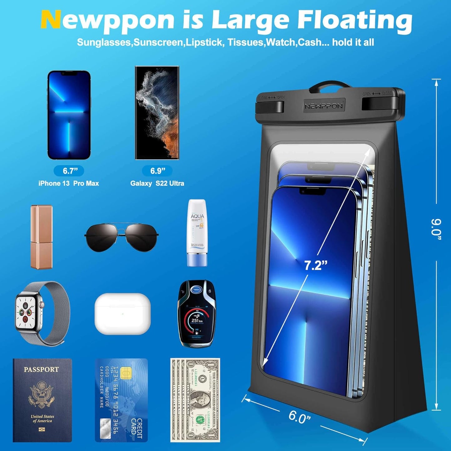 4 Pack Floating Waterproof Phone Pouch - Universal Large Floatable Water Proof Dry Bag Case - Float Clear Cell Holder with Lanyard - for iPhone 17 Pro Max Samsung Galaxy - Beach Swimming Pool