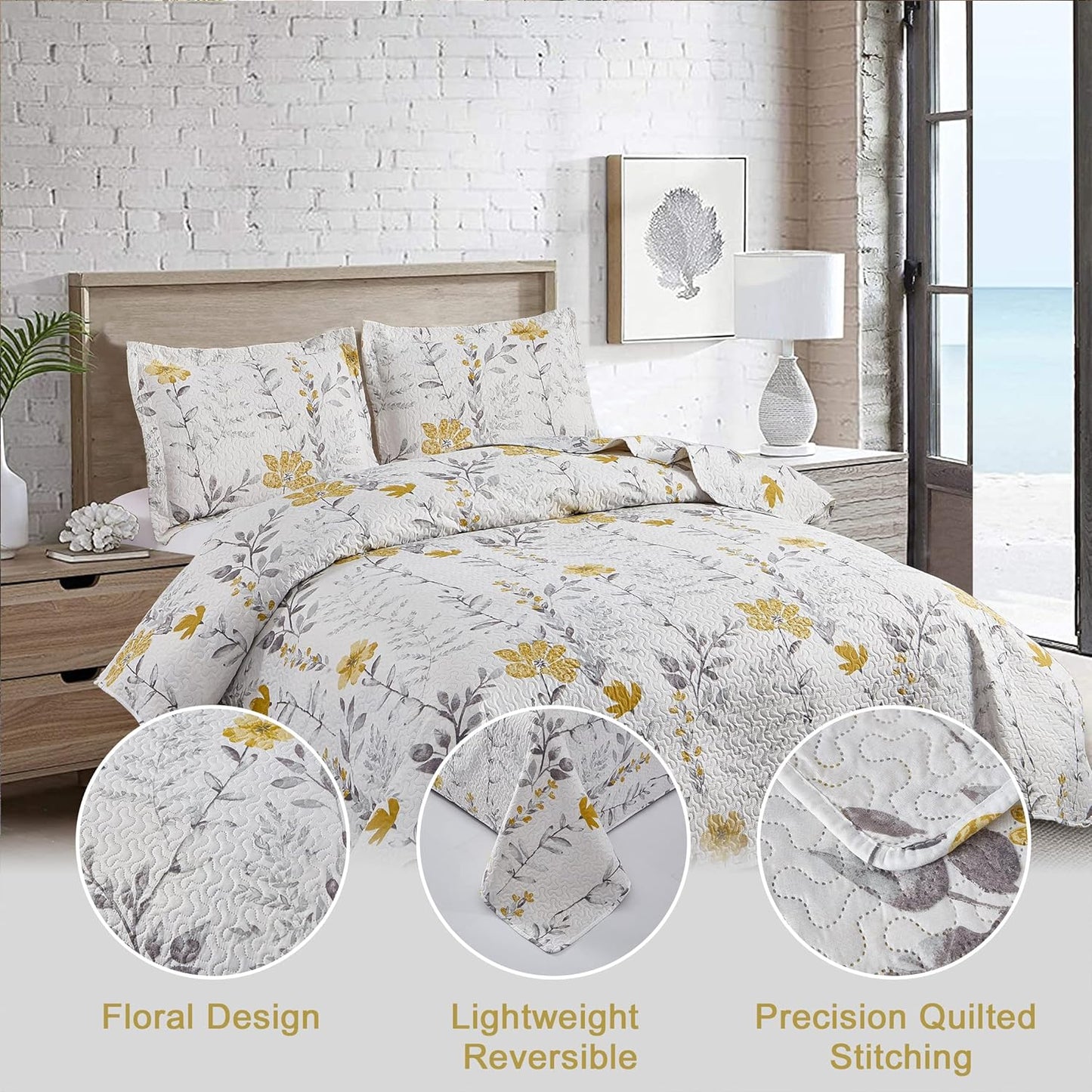 Floral Quilt Set - Queen Size Reversible Bedspread & Coverlet with Pillow Shams - Lightweight for Spring/Summer - Grey & Yellow