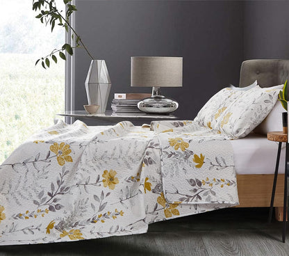 Floral Quilt Set - Queen Size Reversible Bedspread & Coverlet with Pillow Shams - Lightweight for Spring/Summer - Grey & Yellow