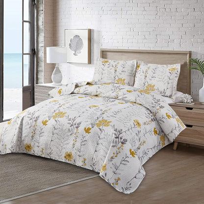 Floral Quilt Set - Queen Size Reversible Bedspread & Coverlet with Pillow Shams - Lightweight for Spring/Summer - Grey & Yellow