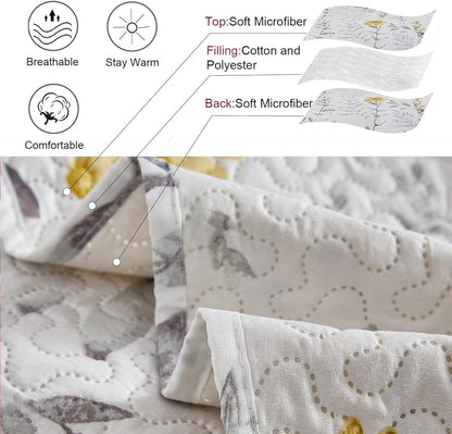 Floral Quilt Set - Queen Size Reversible Bedspread & Coverlet with Pillow Shams - Lightweight for Spring/Summer - Grey & Yellow