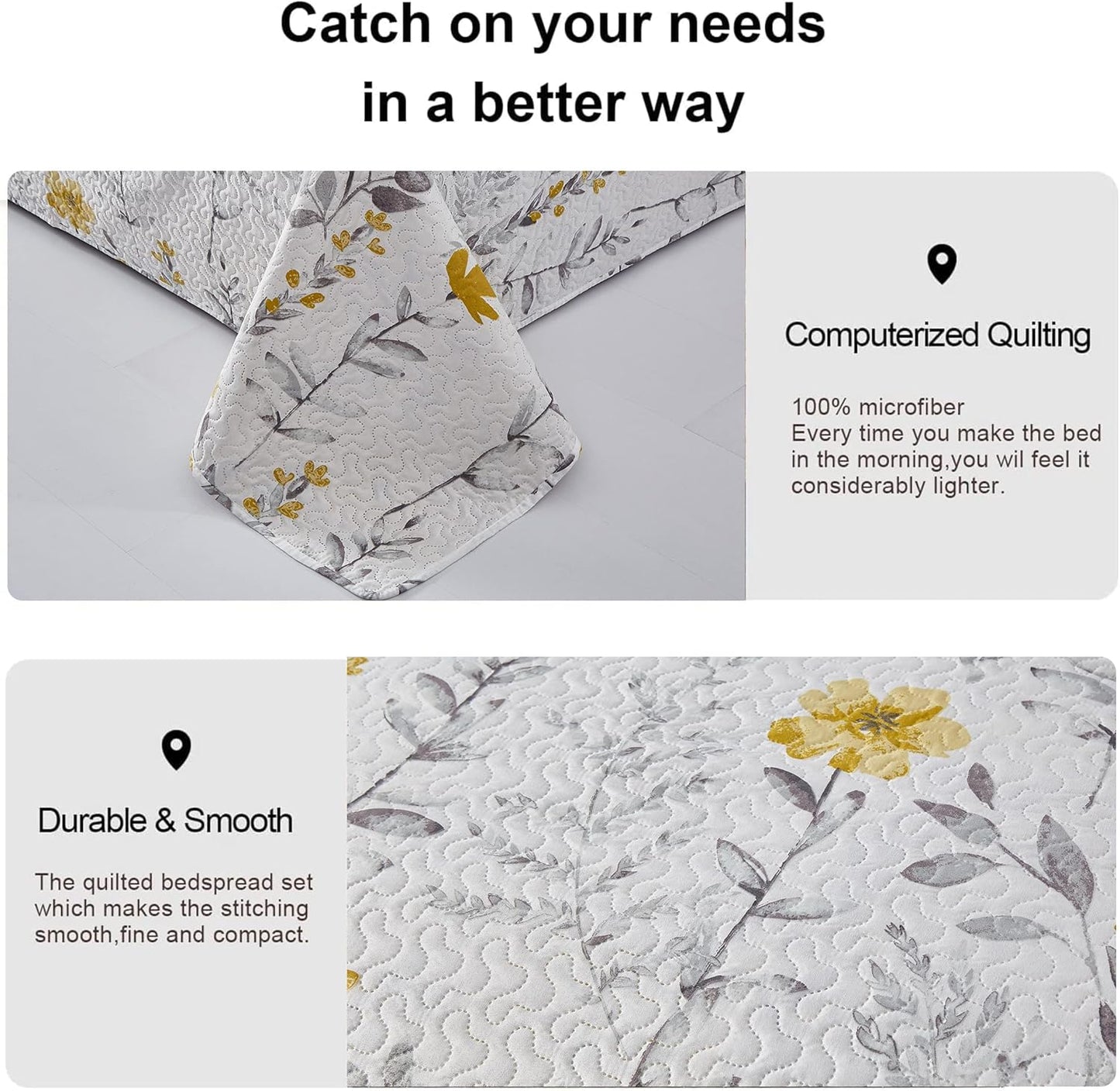 Floral Quilt Set - Queen Size Reversible Bedspread & Coverlet with Pillow Shams - Lightweight for Spring/Summer - Grey & Yellow