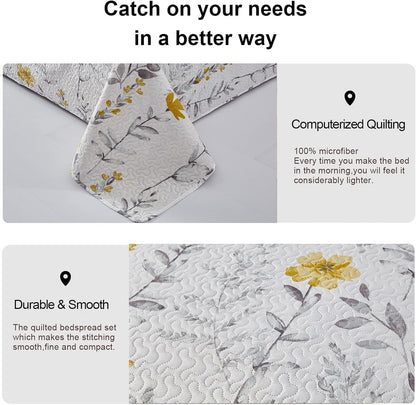 Floral Quilt Set - Queen Size Reversible Bedspread & Coverlet with Pillow Shams - Lightweight for Spring/Summer - Grey & Yellow