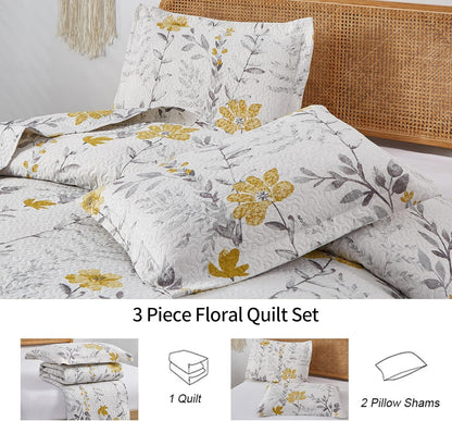 Floral Quilt Set - Queen Size Reversible Bedspread & Coverlet with Pillow Shams - Lightweight for Spring/Summer - Grey & Yellow