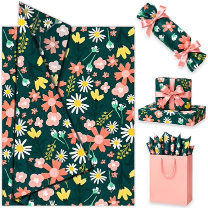 Floral Tissue Paper, Dark Green Tissue Paper with Daisy Pattern for Gift Bags, Cute Flower Patterned Gift Wrapping for Birthday, Garden Party Decor, DIY Crafts, 30 Sheets, 20x14in